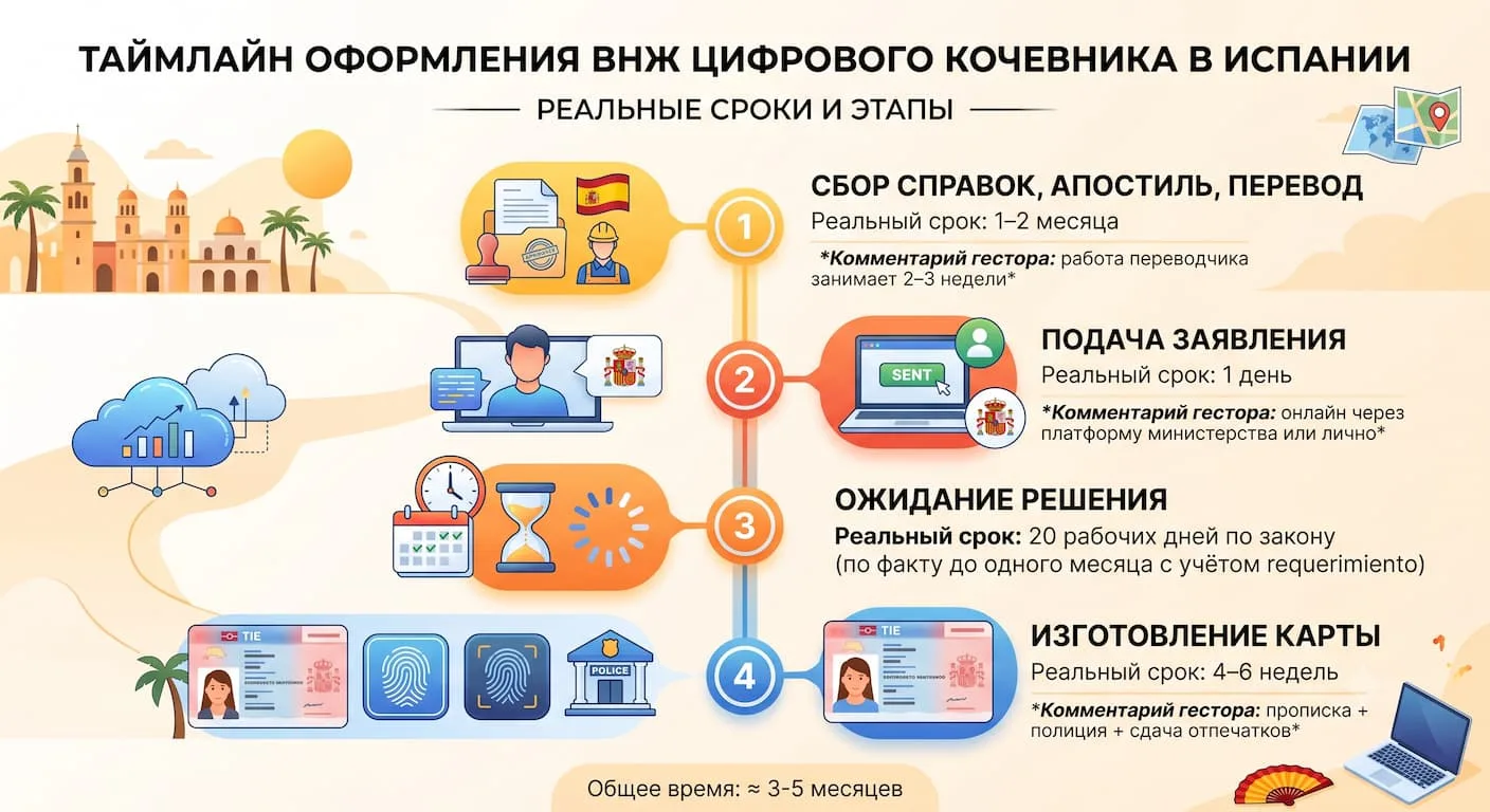 Инфографика-таймлайн этапов оформления ВНЖ цифрового кочевника в Испании 2026