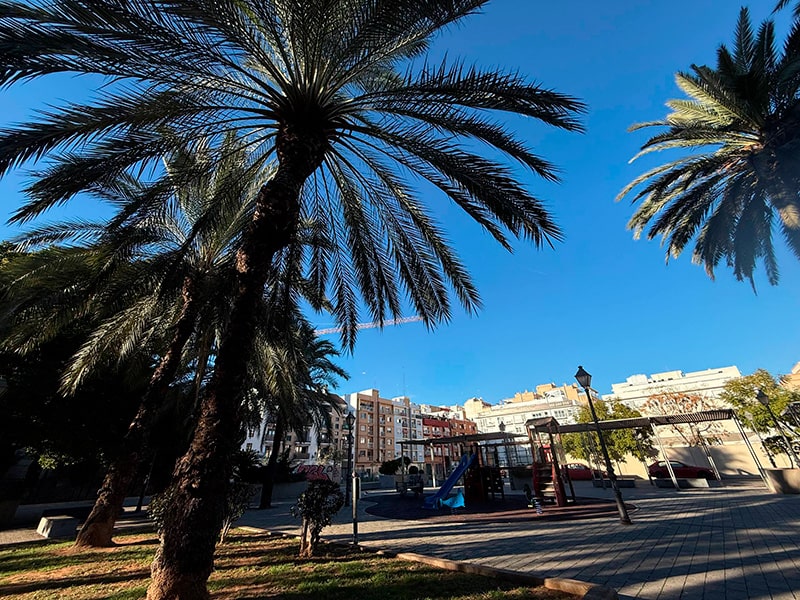 Пальмы над городской площадью с детской площадкой и жилыми домами на заднем плане в районе Кабаньял (Валенсия).