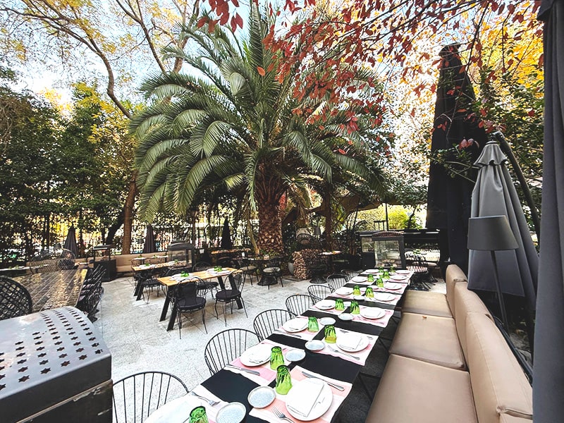 Терраса ресторана Casa America в Мадриде: длинный сервированный стол среди пальм и деревьев