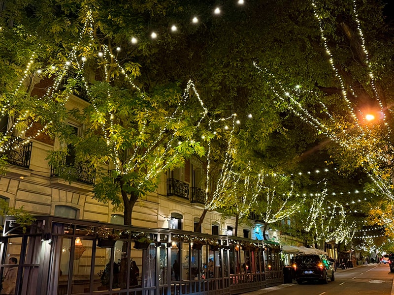 Вечерняя улица в Мадриде, деревья вдоль тротуара украшены гирляндами, над дорогой висят огненные нити, справа едет машина, слева видны застекленные террасы ресторанов