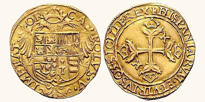 Золотая монета Эскудо Испания 1535 год фото