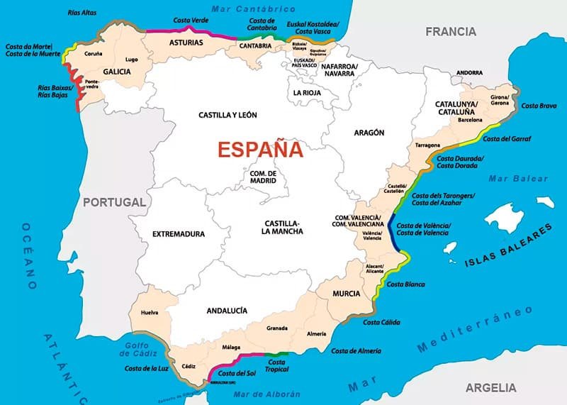 Карта пляжей и морей Испании