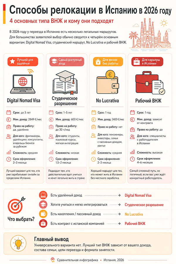 Инфографика: Способы релокации в Испании - типы ВНЖ