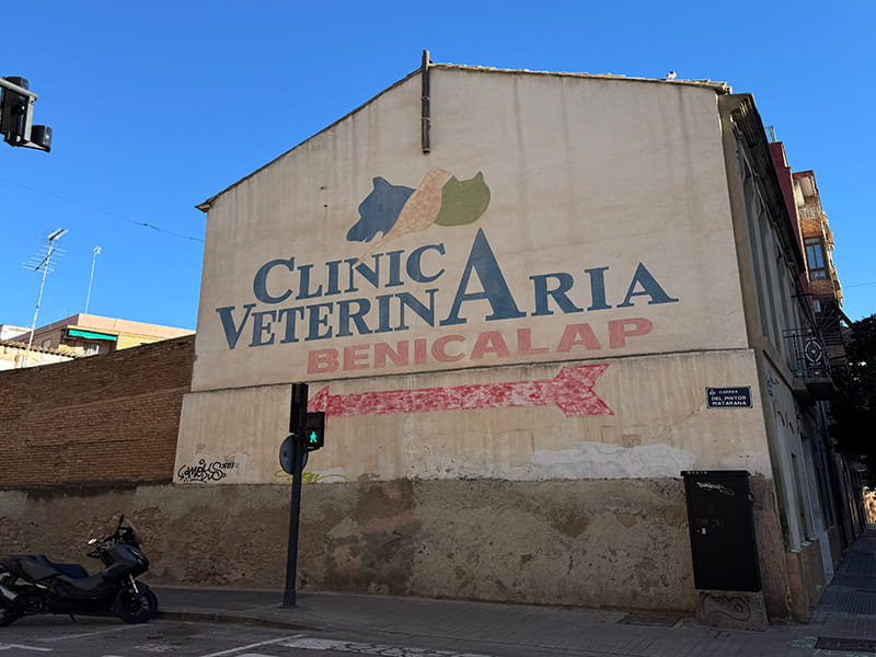 Настенная вывеска &laquo;Cl&iacute;nica Veterinaria Benicalap&raquo; на фасаде здания в районе Беникалап, Валенсия, Испания