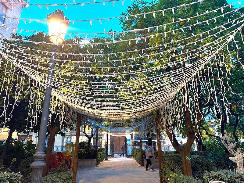 Световой тоннель из гирлянд в саду на Plaza de la Reina в Валенсии